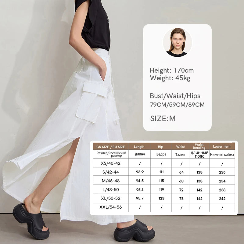 AMII Vacation Long Skirt 2025 Summer Women Loose Sun Protection Office Lady Solid Pockets Elastic Waist Cord Slit Skirt 12542106