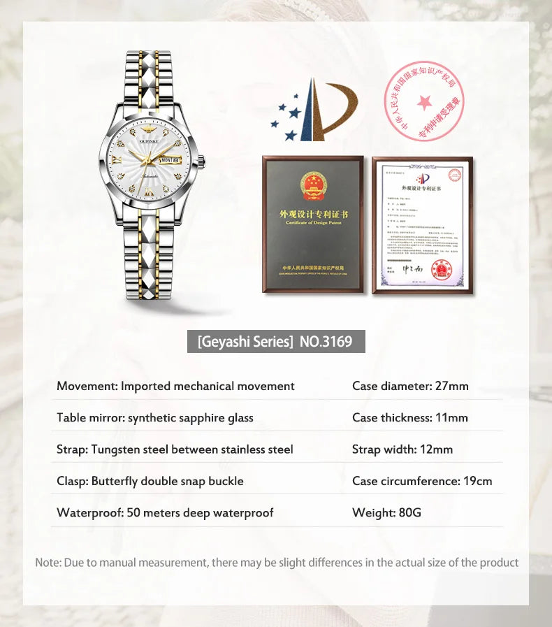 OUPINKE 3169 Luxury Elegant Fashion Womens Watch Automatic Mechanical Day Date Watch For Ladies Waterproof Original Gifts Reloj