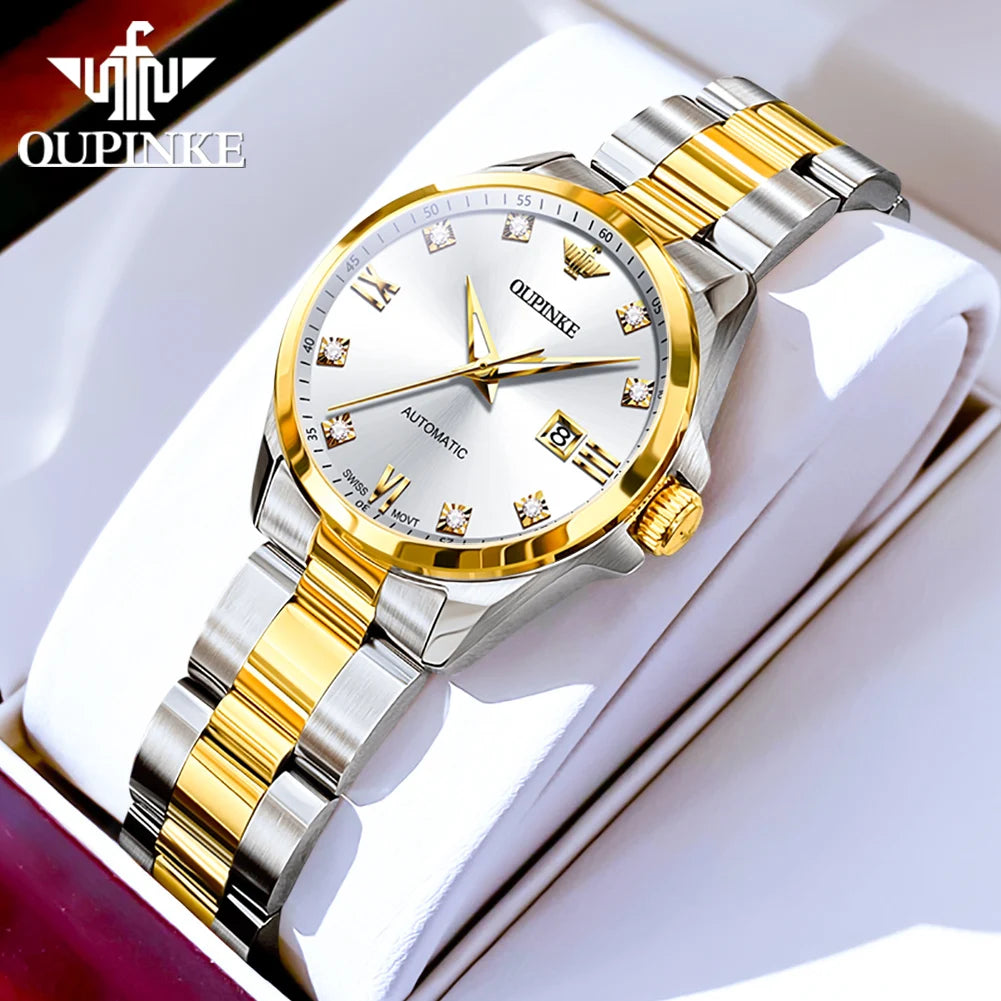 OUPINKE 3199 Real Diamond Swiss Automatic Watch for Women Original Top Brand Mechanical Women's Watches Luxury Ladies Wristwatch