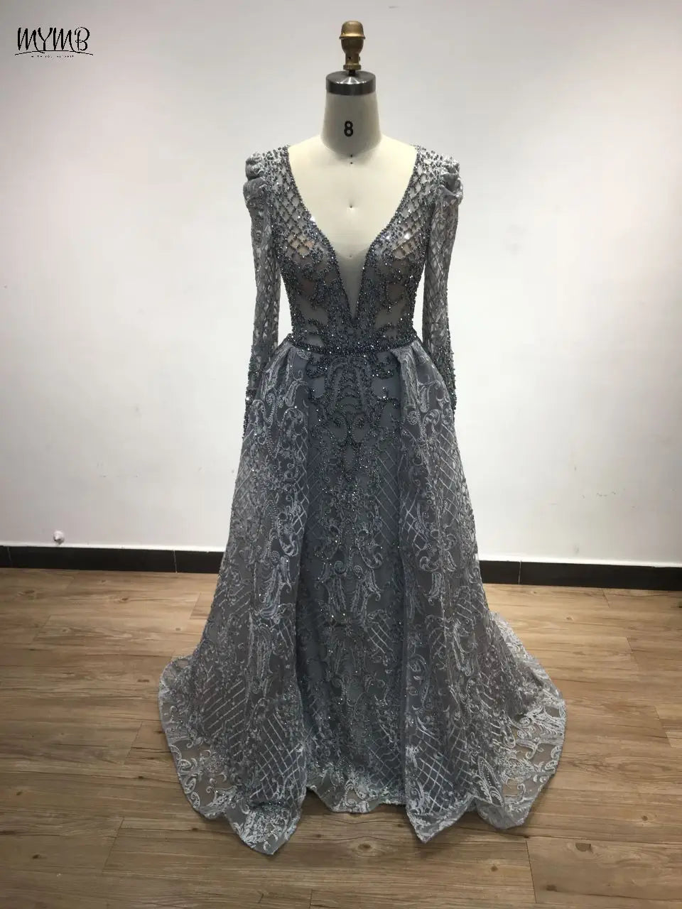 MYMB Blue Elegant Long Sleeves Women Celebrity Dress for Formal Occasions Luxury Arabic V Neck Beading Lace Evening Gowns DKN108