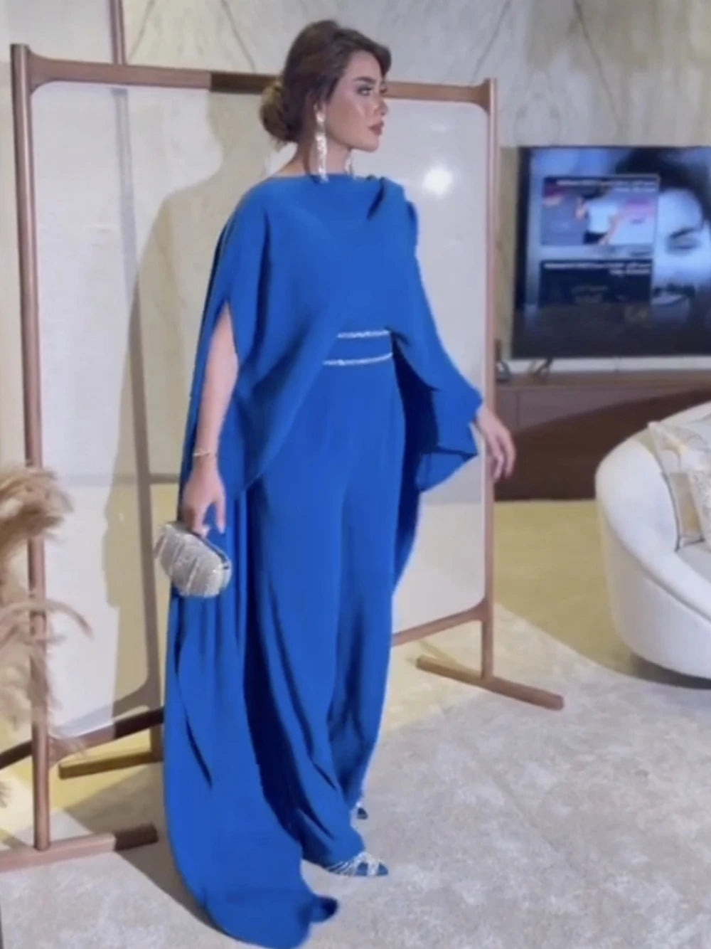 Modest Blue Jumpsuits Luxurious Crystals Prom Muslim High Quality Open Back Evening Dress Women Banquet Formal Occasions Wear