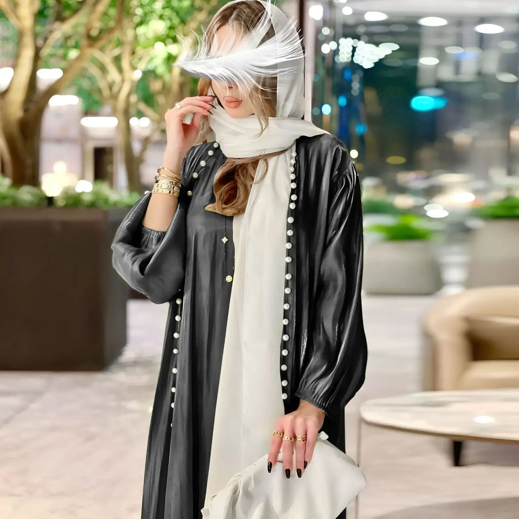 2025 Caftan Muslim Abaya Women Dress 2 Piece Set Abayas Gowns Dubai Arabic Silk Satin Kimono Cardigan Robe Outwear Autumn