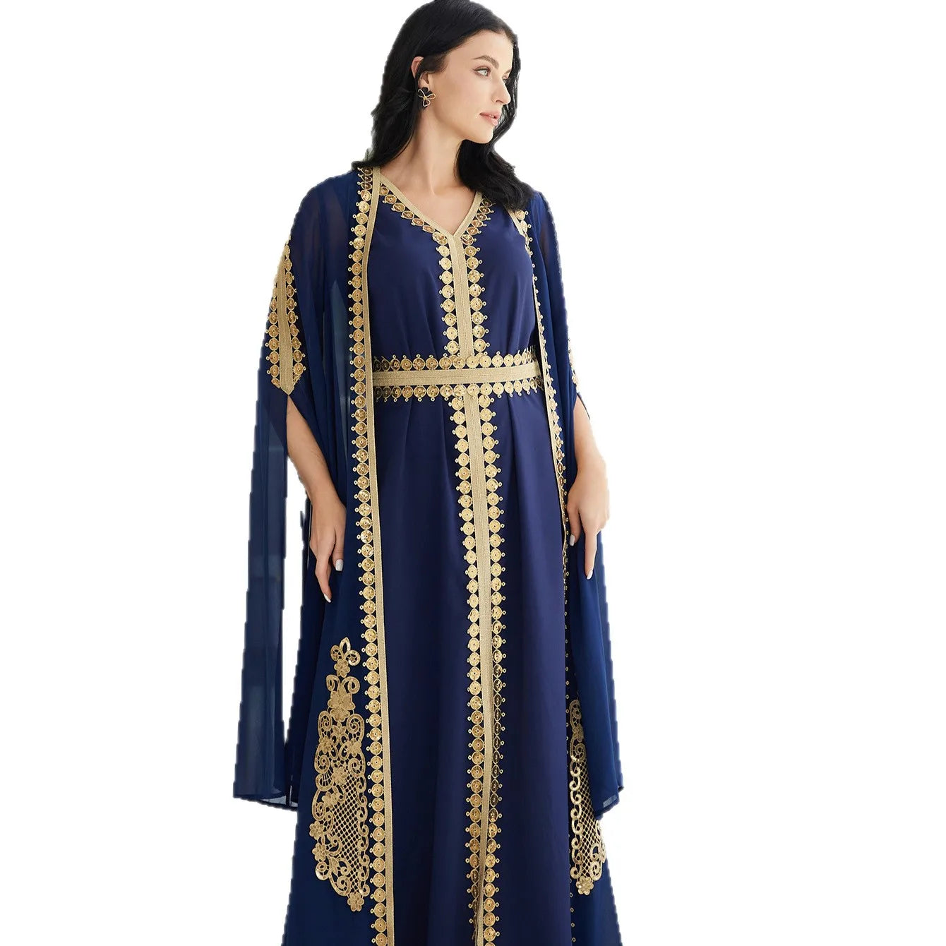 Muslim Set Luxury Embroidered Maxi Abaya Sets Muslim Women Elegant Evening Wedding Party Prom Gowns with Golden Sequins Suit