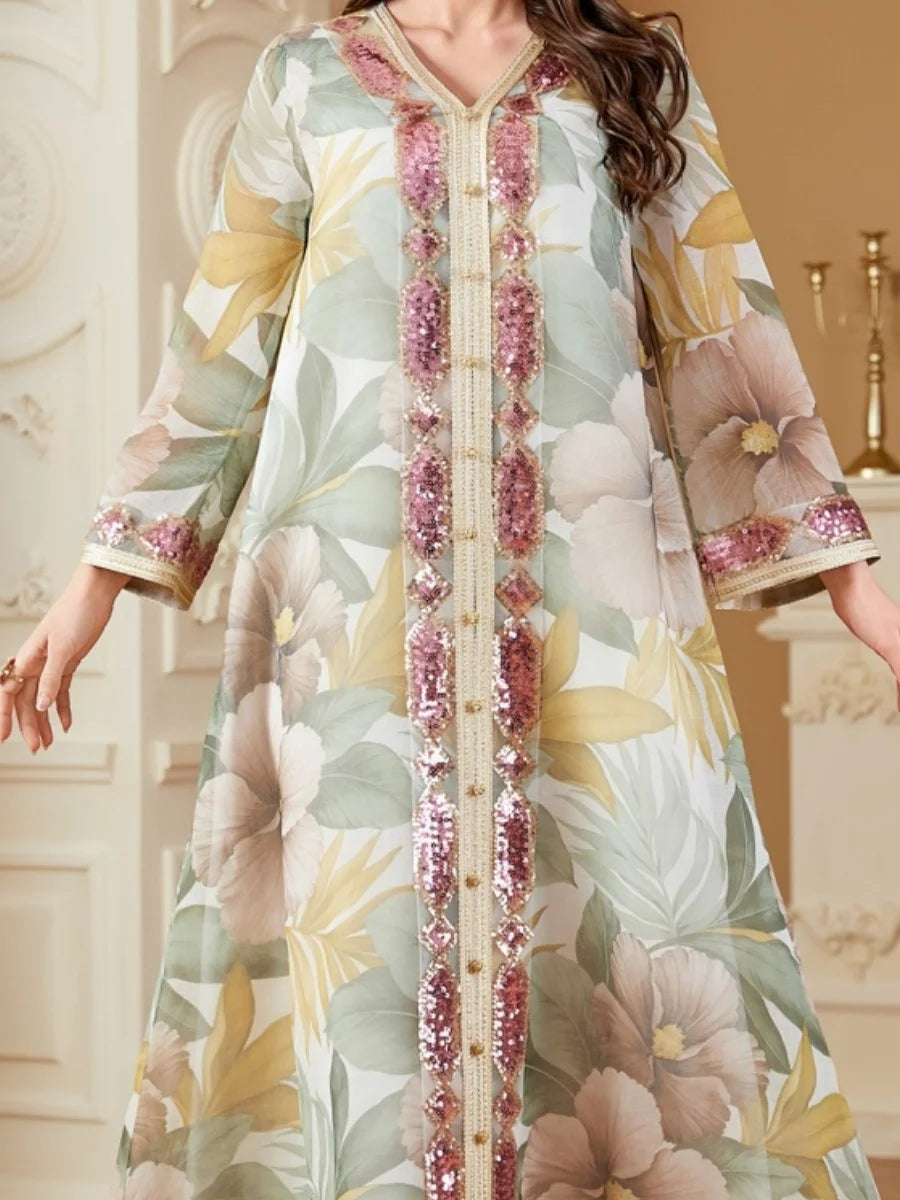 Siskakia Muslim Elegant Women Evening Dress Sequins Patchwork Abaya V-Neck Floral Print Kaftan