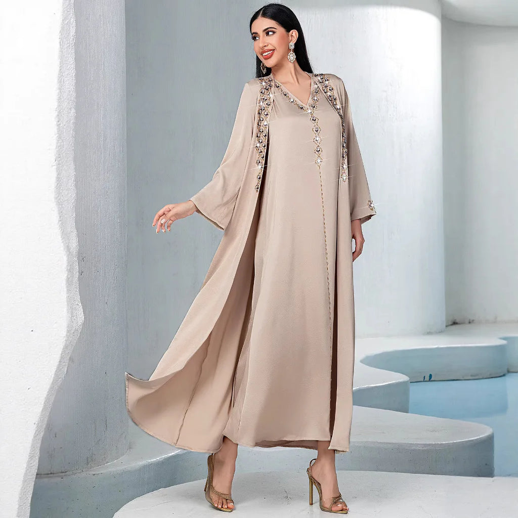 Dubai Diamonds Abayas for Women Muslim Dress 2pcs Set Kimono Jalabiya Kebaya Caftan Marocain Femme Robe Islam Clothing Vestidos