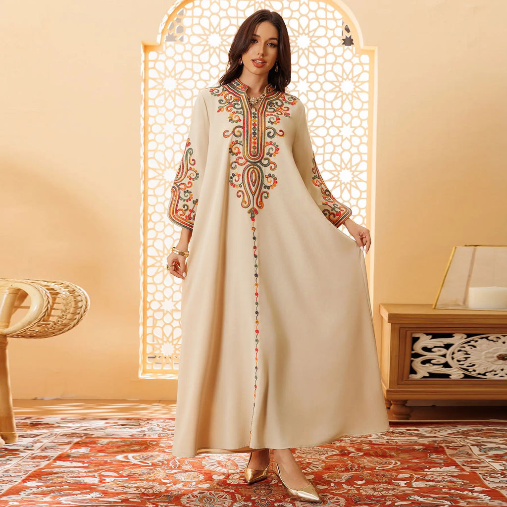 2025 Autumn And Winter Muslim Fashion Women's Embroidery Rope Embroidery Middle East Robe Arabic Dress