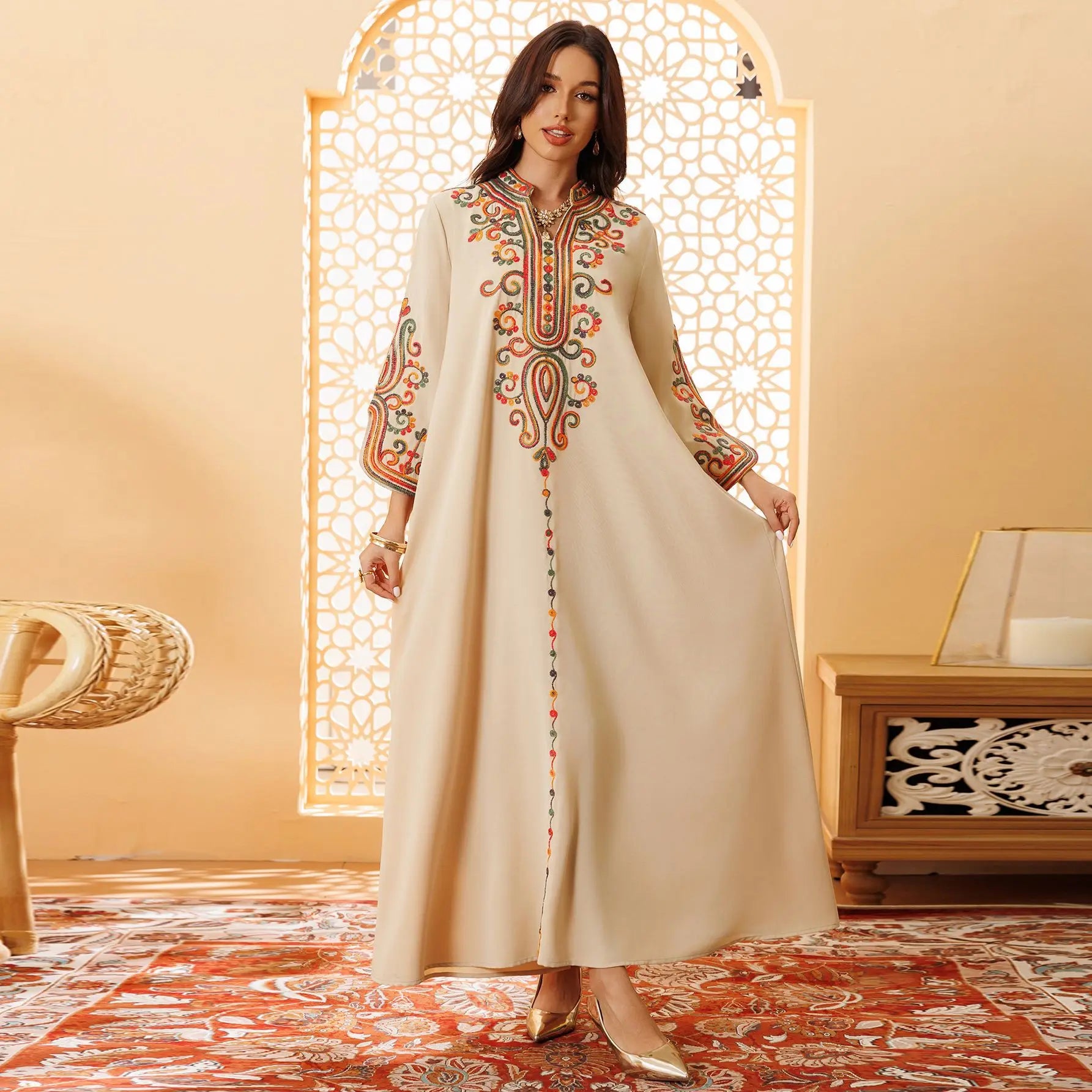 2025 Autumn And Winter Muslim Fashion Women's Embroidery Rope Embroidery Middle East Robe Arabic Dress