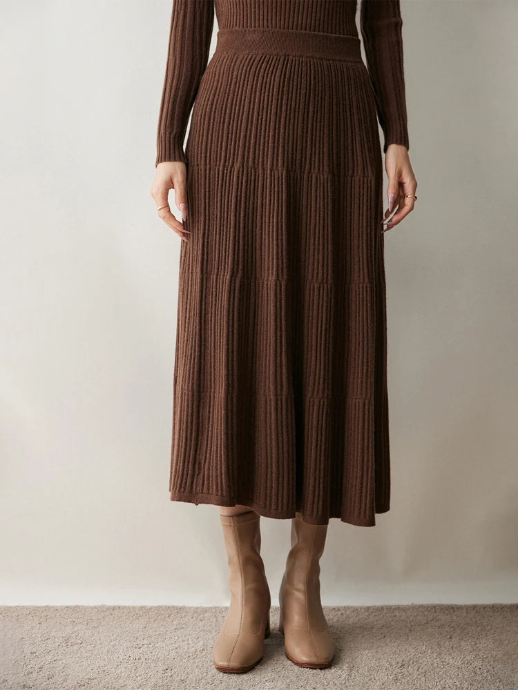 100% Cashmere Knitted Skirt Autumn Winter Women Elegant Tiered Pleats Slim A-line High Waisted Soild Office Lady Dress High-end