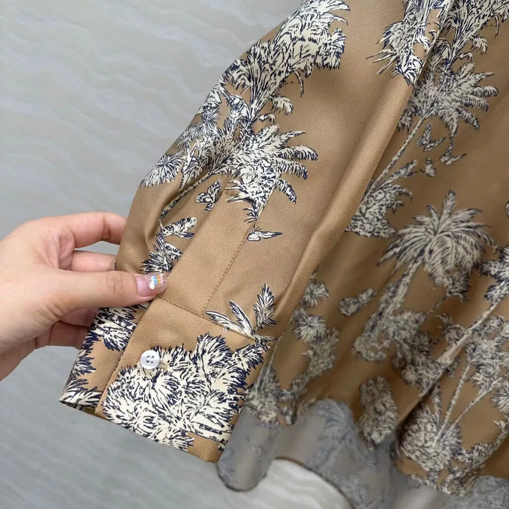2025 New Autumn Vintage Coconut Tree Print Butterfly 100% Silk Long Shirt Women O-neck Long Sleeve Loose Casual Blouse Tops