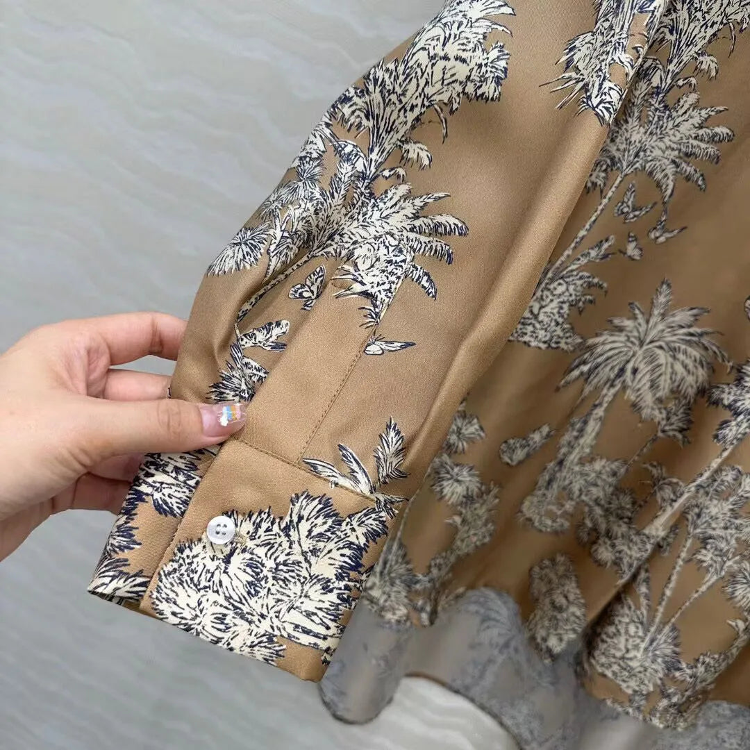2025 New Autumn Vintage Coconut Tree Print Butterfly 100% Silk Long Shirt Women O-neck Long Sleeve Loose Casual Blouse Tops
