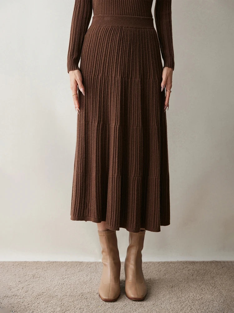 100% Cashmere Knitted Skirt Autumn Winter Women Elegant Tiered Pleats Slim A-line High Waisted Soild Office Lady Dress High-end