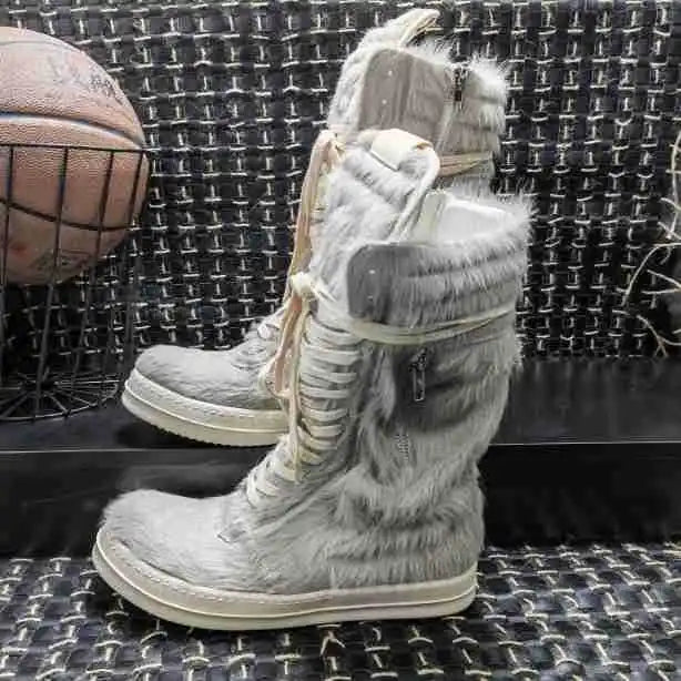 Men Horsehair Boots New Brand Shoes Women Genuine Leather High Top Zip Pockets Lace Up Shoes High Street Vintage Sneakers Unisex