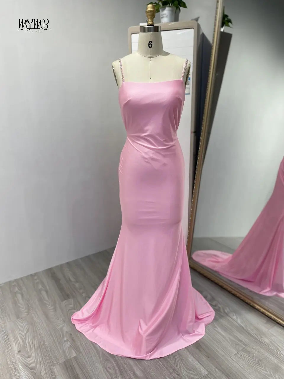 MYMB Blue Elegant Spaghetti Straps Mermaid Satin Girl Princess Dress Pleated Backless Evening Gowns for Wedding Party MC20028