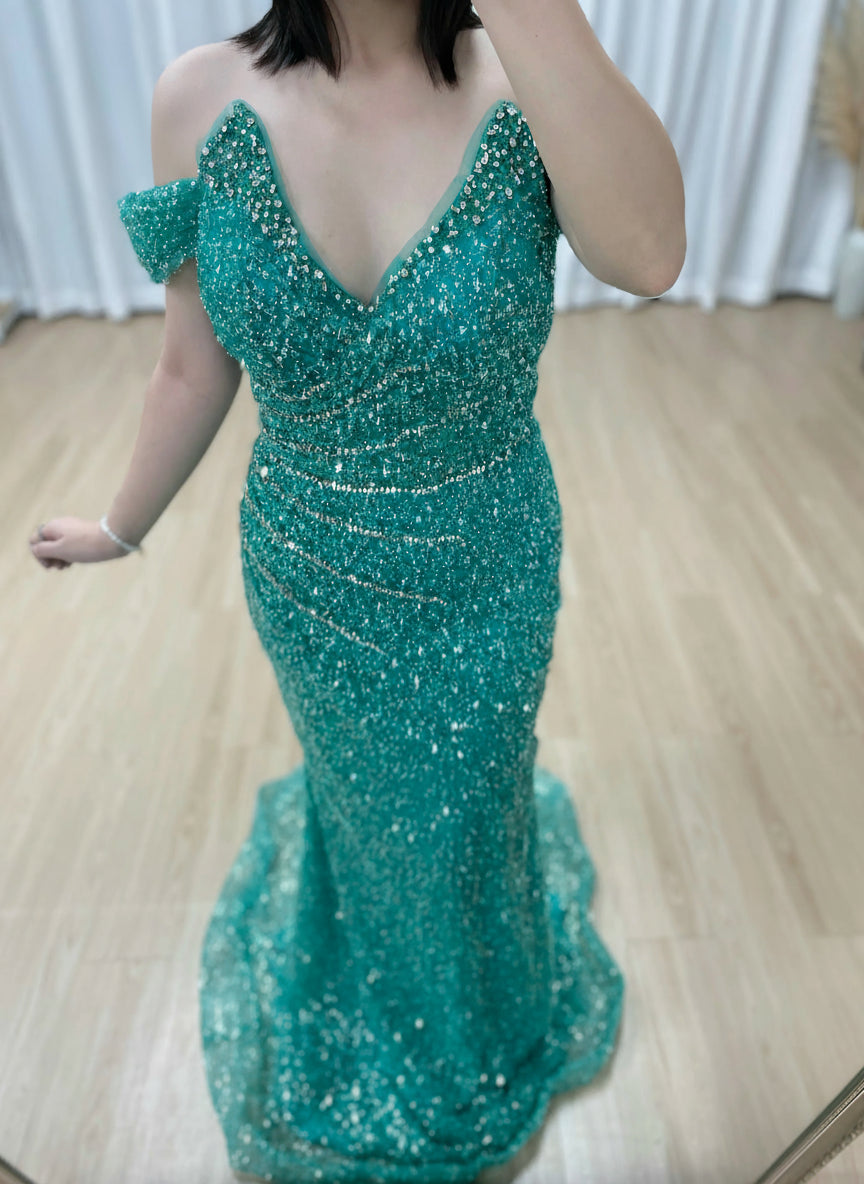 MYMB Fashion Sparkly Luxury V Neck Off Shoulder Green Beaded Sequins Mermaid Prom Party Evening Dresses Gowns for Women MY30185