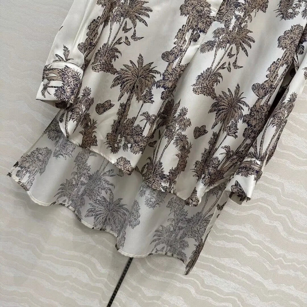 2025 New Autumn Vintage Coconut Tree Print Butterfly 100% Silk Long Shirt Women O-neck Long Sleeve Loose Casual Blouse Tops