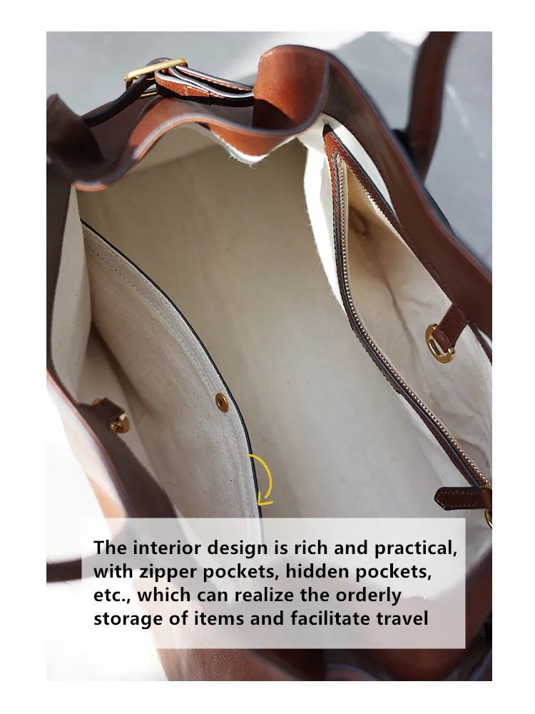Women's Genuine Leather Large Capacity Tote Bag Female Retro Luxury Briefcase Vintage Cowhide Shoulder Handbag