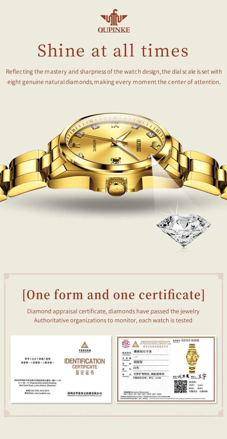 OUPINKE 3199 Real Diamond Swiss Automatic Watch for Women Original Top Brand Mechanical Women's Watches Luxury Ladies Wristwatch