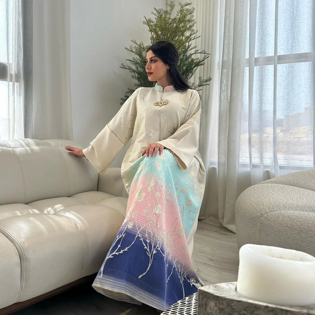 Middle East  Autumn And Winter New Muslim Dress Fashionable High End Jacquard Fabric Embroidered Gradient Robe