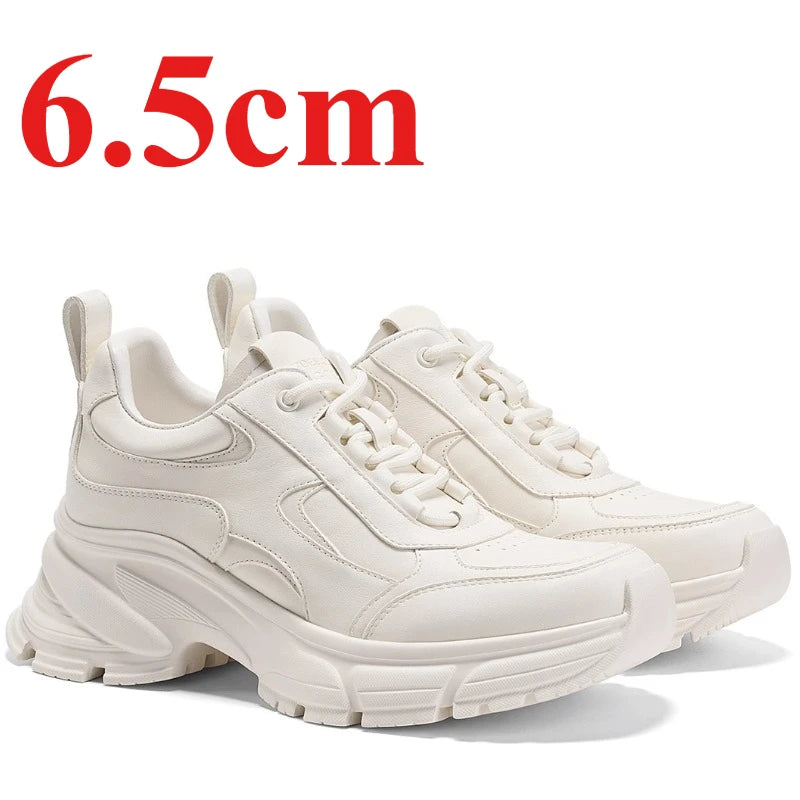 Europe Style White Elevated Shoes for Women's Casual Sports Daddy Shoes Breathable Genuine Leather Thick-soled Heightening Shoes