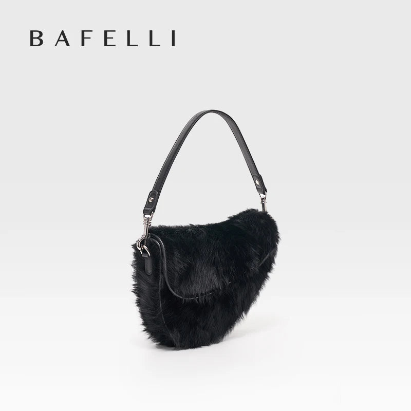 BAFELLI 2025 NEW WOMEN'S HANDBAG TREND GENUINE LEATHER FASHION STYLE WINTER SADDLE FUR BAGS LUXURY BRAND DESIGNER SHOULDER PURSE
