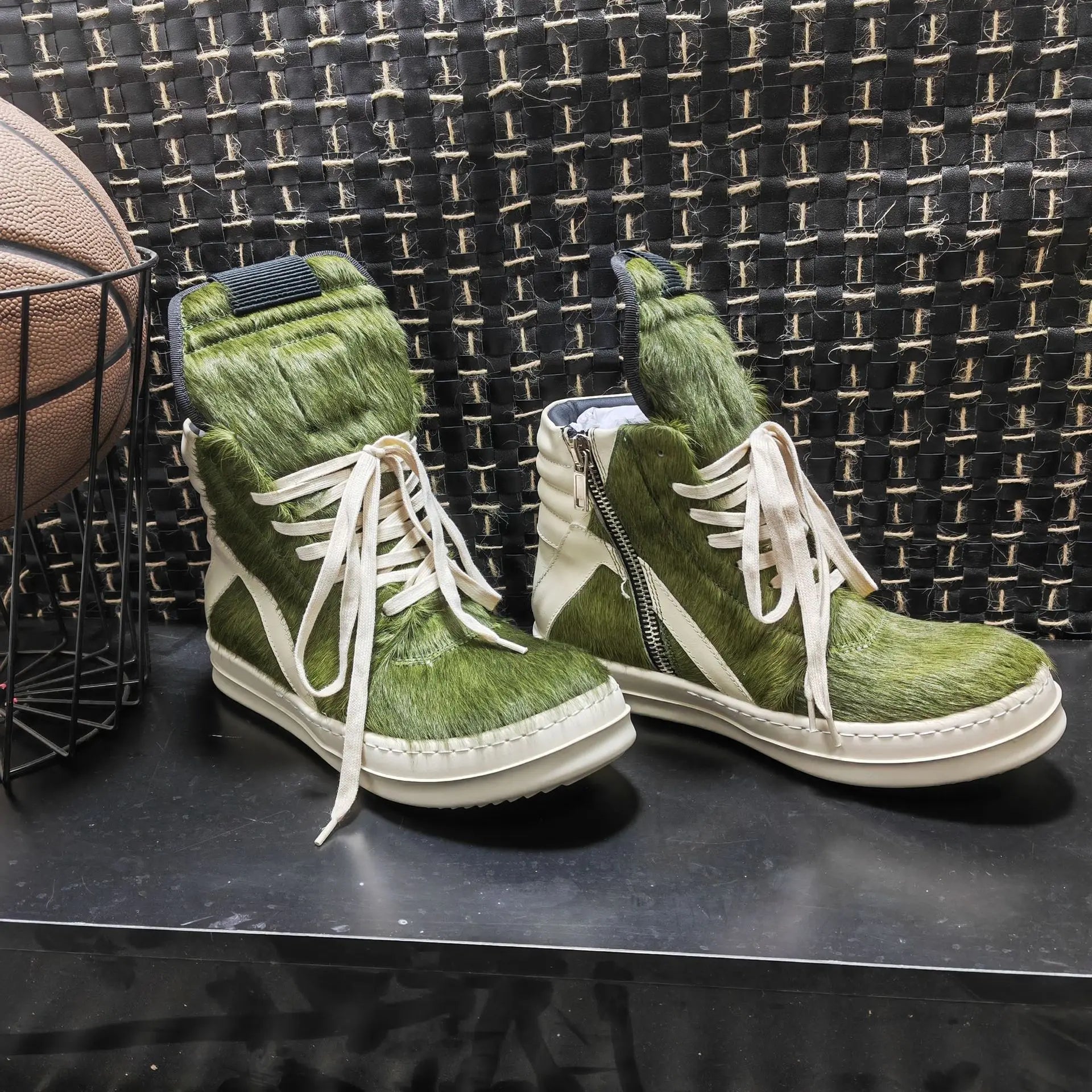 Men Boots For Women Green Horsehair Genuine Leather High Top Zip Lace Up Shoes Owens High Street Vintage Luxury Sneakers