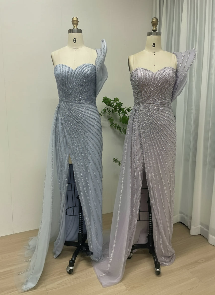 MYMB Gorgerous Green High Split Mermaid Beaded Wedding Party Dress Luxury Sweetheart Neck One Shoulder Evening Ball Gown MB40031