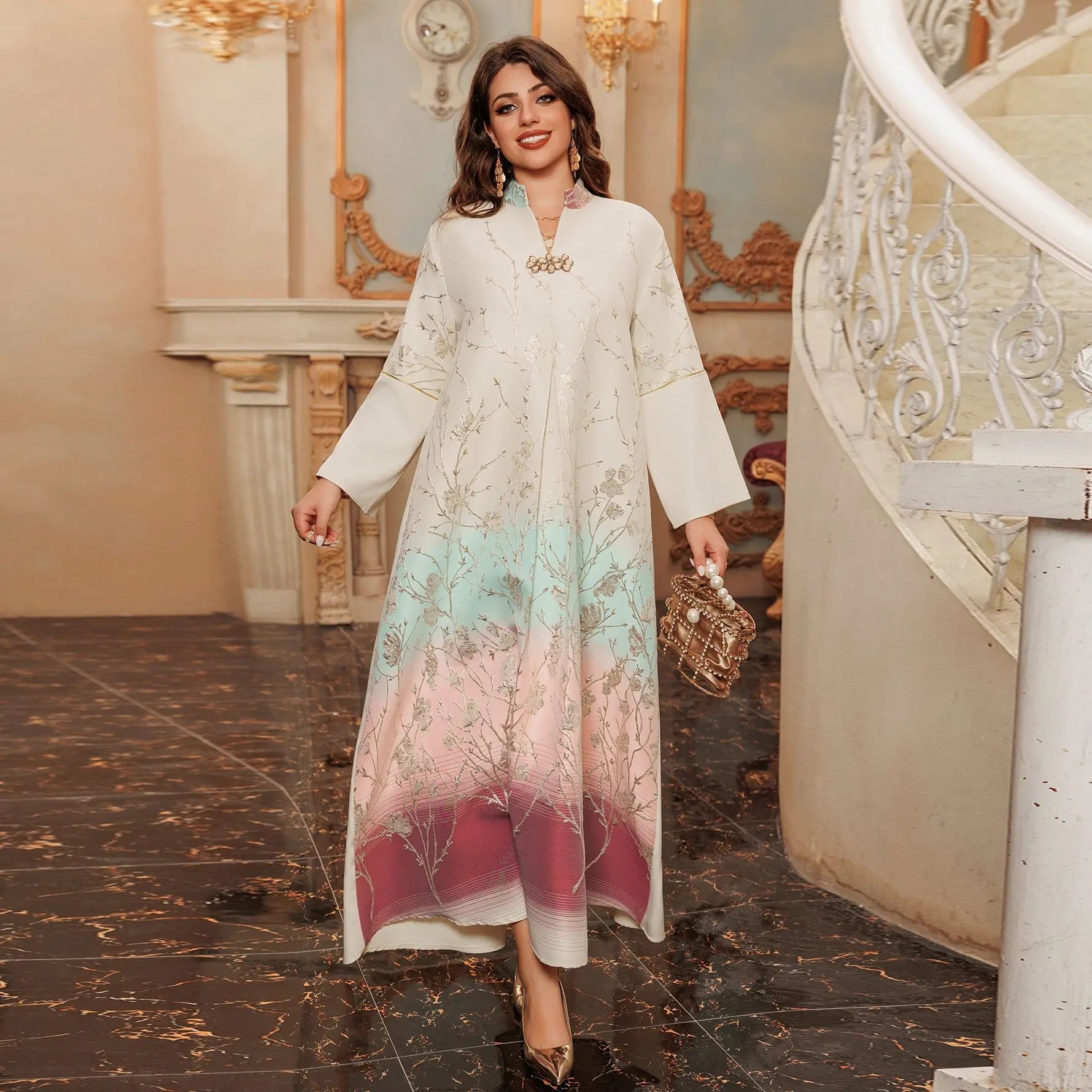 Middle East  Autumn And Winter New Muslim Dress Fashionable High End Jacquard Fabric Embroidered Gradient Robe