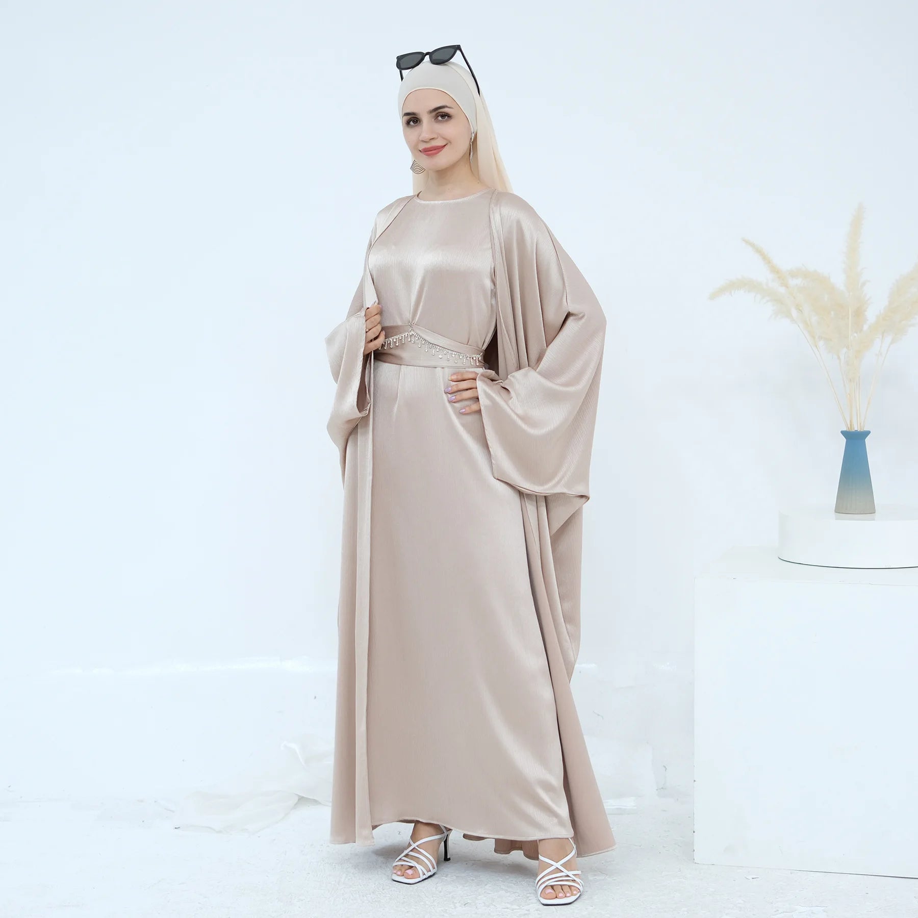 Ramadan Muslim Women 2 Piece Set Party Dresses Abaya Eid Jalabiya Sashes Morocco Dubai Kaftan Cardigan Robe Kimono Kebaya Caftan