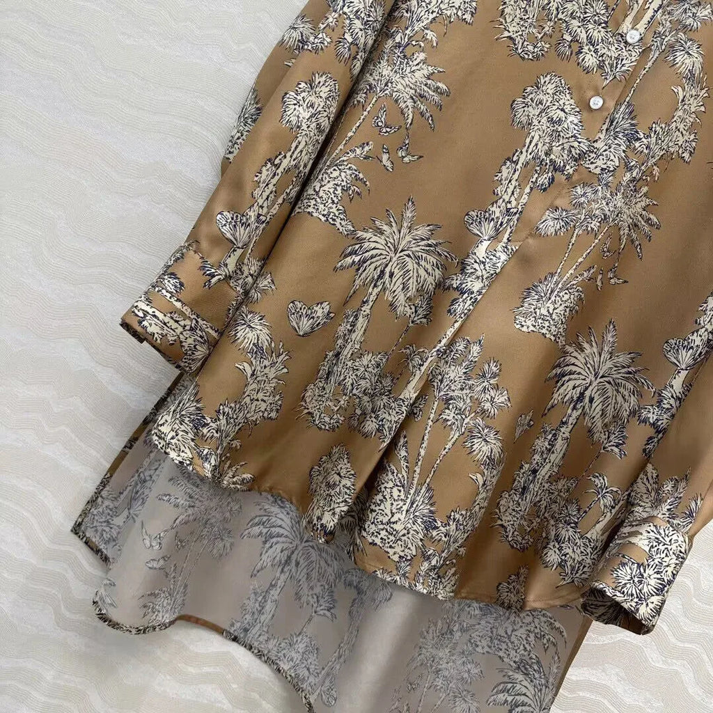 2025 New Autumn Vintage Coconut Tree Print Butterfly 100% Silk Long Shirt Women O-neck Long Sleeve Loose Casual Blouse Tops