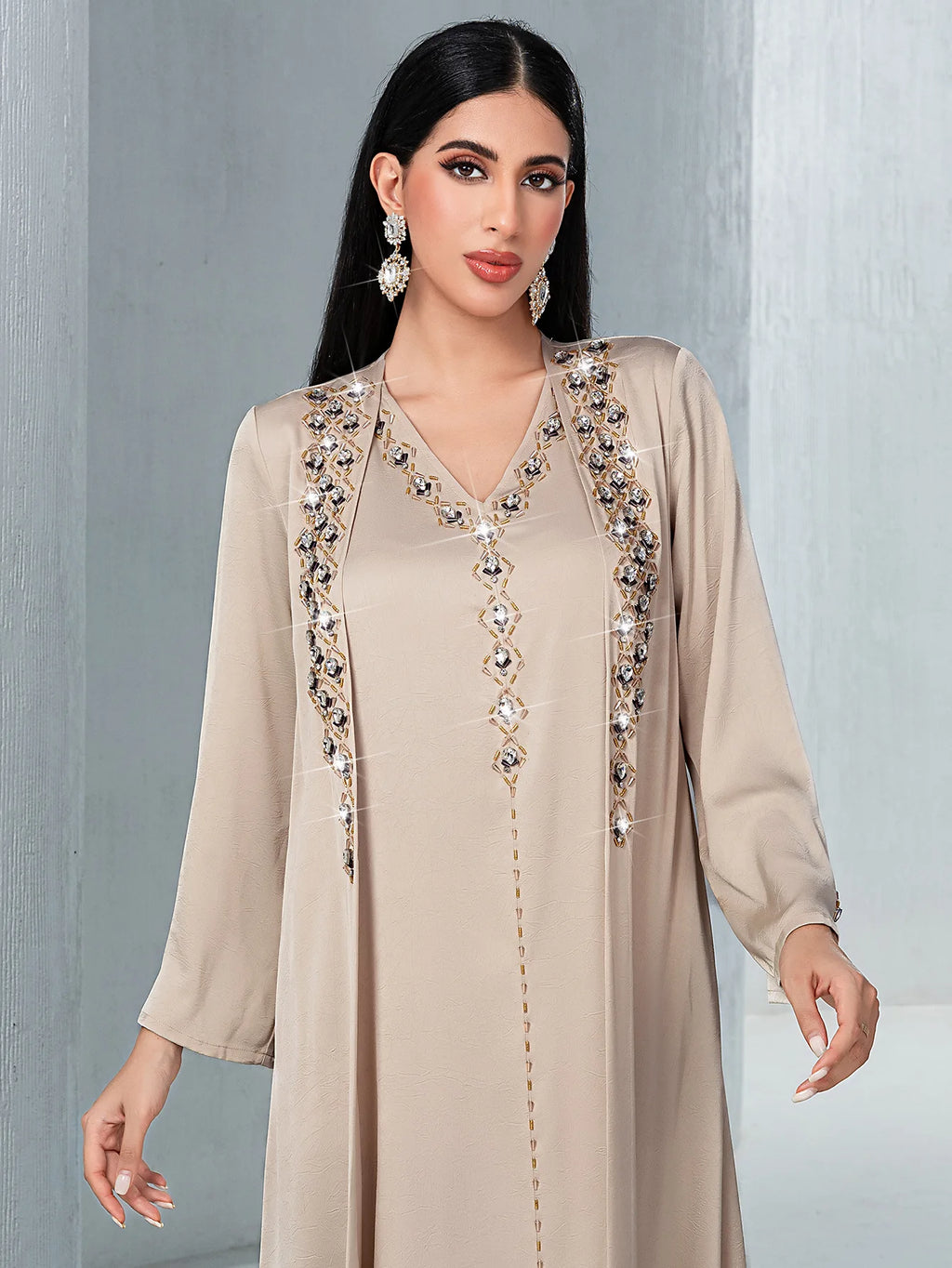 Dubai Diamonds Abayas for Women Muslim Dress 2pcs Set Kimono Jalabiya Kebaya Caftan Marocain Femme Robe Islam Clothing Vestidos