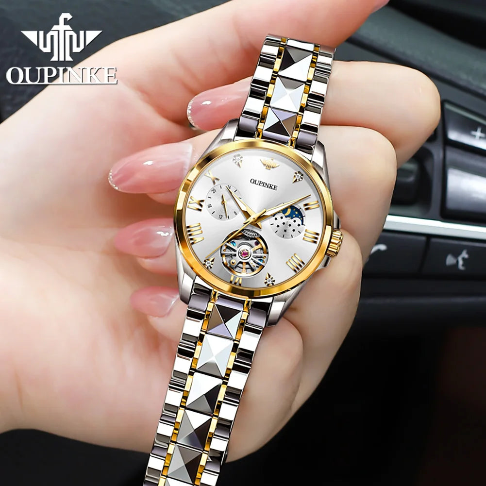 OUPINKE 3202 Women Watch Original Tungsten Steel Moon Phase Waterproof Watch Luxury Swiss Brand Women Automatic Mechanical Watch
