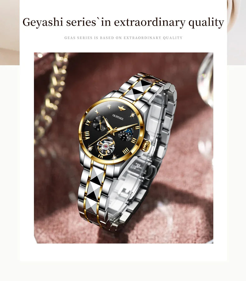 OUPINKE 3202 Women Watch Original Tungsten Steel Moon Phase Waterproof Watch Luxury Swiss Brand Women Automatic Mechanical Watch