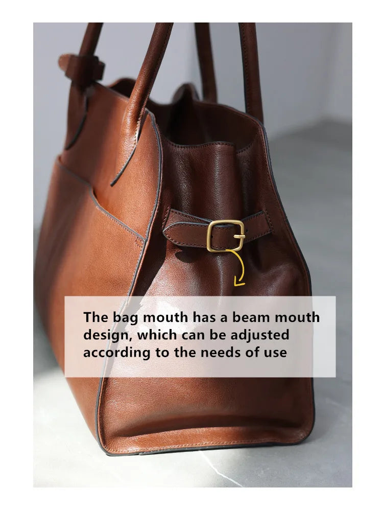 Women's Genuine Leather Large Capacity Tote Bag Female Retro Luxury Briefcase Vintage Cowhide Shoulder Handbag