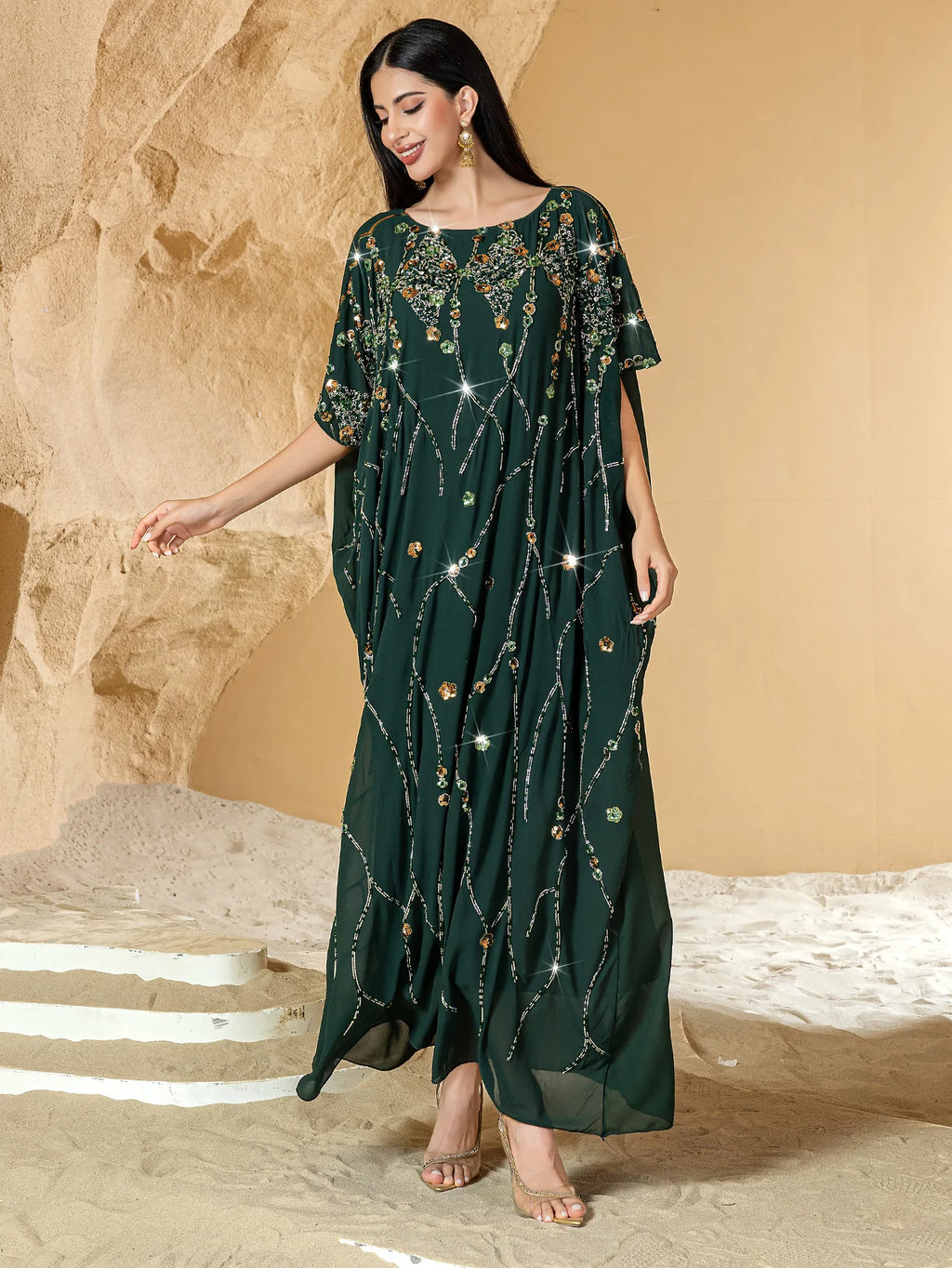 2025 Summer Eid Djellaba Morocco Sequins Embroidery Abayas Short Sleeve Dresses Jalabiya Dubai Turkey Kaftan Women Muslim Robes