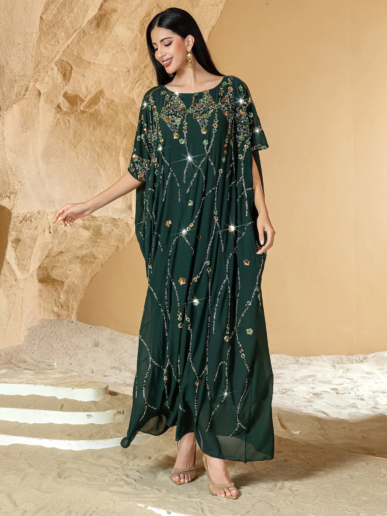 2025 Summer Eid Djellaba Morocco Sequins Embroidery Abayas Short Sleeve Dresses Jalabiya Dubai Turkey Kaftan Women Muslim Robes