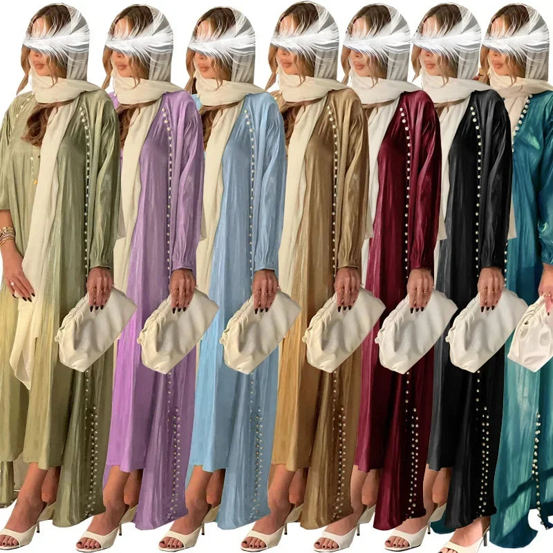 2025 Caftan Muslim Abaya Women Dress 2 Piece Set Abayas Gowns Dubai Arabic Silk Satin Kimono Cardigan Robe Outwear Autumn