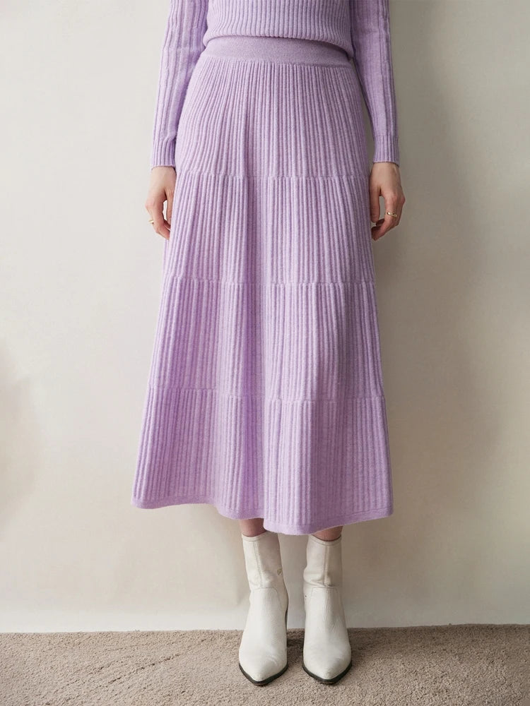 100% Cashmere Knitted Skirt Autumn Winter Women Elegant Tiered Pleats Slim A-line High Waisted Soild Office Lady Dress High-end