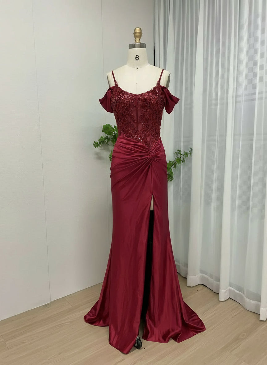 MYMB Wine Spaghetti Straps Women Sheath Bridesmaid Dresses Classic Off Shoulder High Slit Beaded Evening Gown vestidos de gala