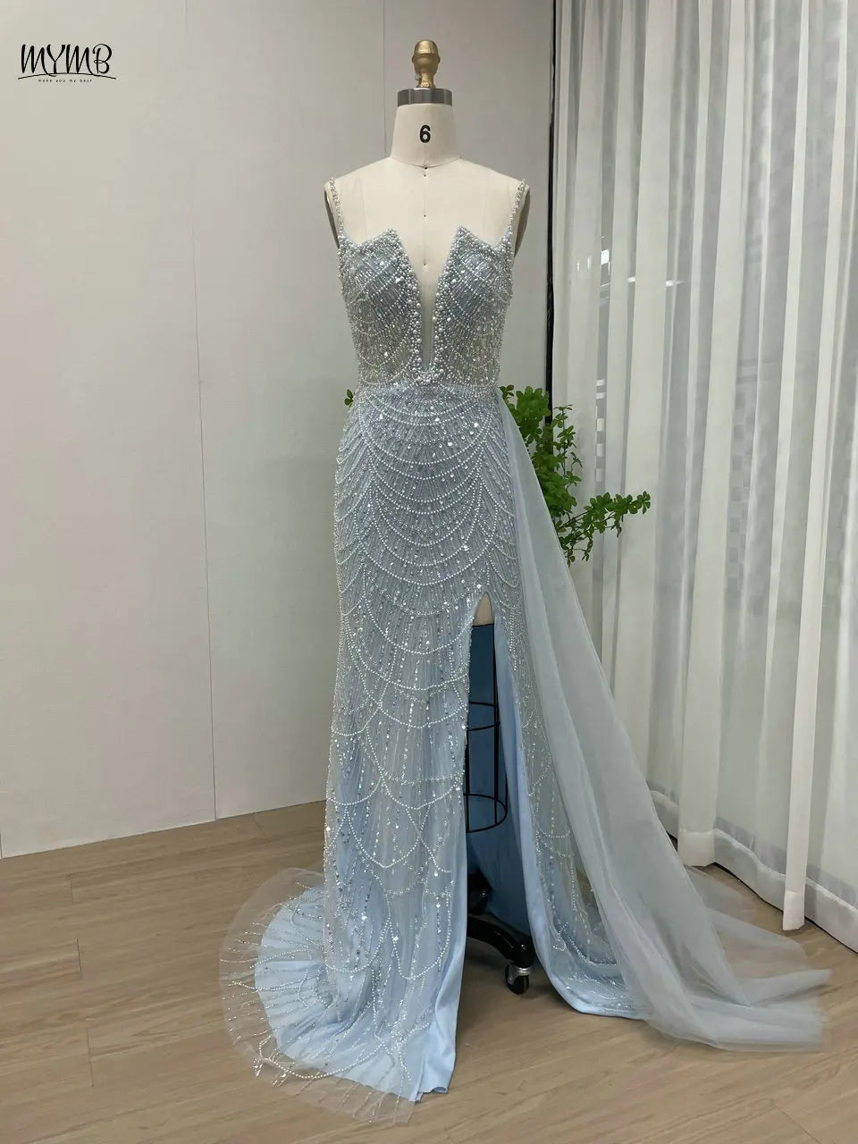 MYMB Pink Stunning Spaghetti Strap Side Split Evening Gowns for Women Party New Arrival Trendy Mermaid Tulle Beaded Evening Gown