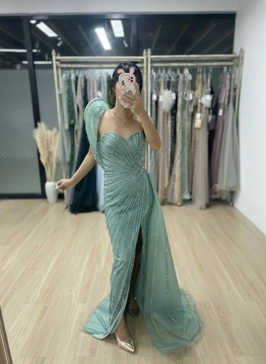 MYMB Gorgerous Green High Split Mermaid Beaded Wedding Party Dress Luxury Sweetheart Neck One Shoulder Evening Ball Gown MB40031