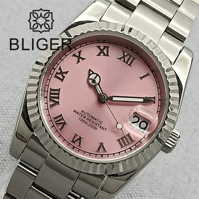 BLIGER 36mm Pink Dial WithDiamond Time Machenical Watch NH35 Automatic Movement Marks Steel Strap Silver Fluted Bezel Waterproof