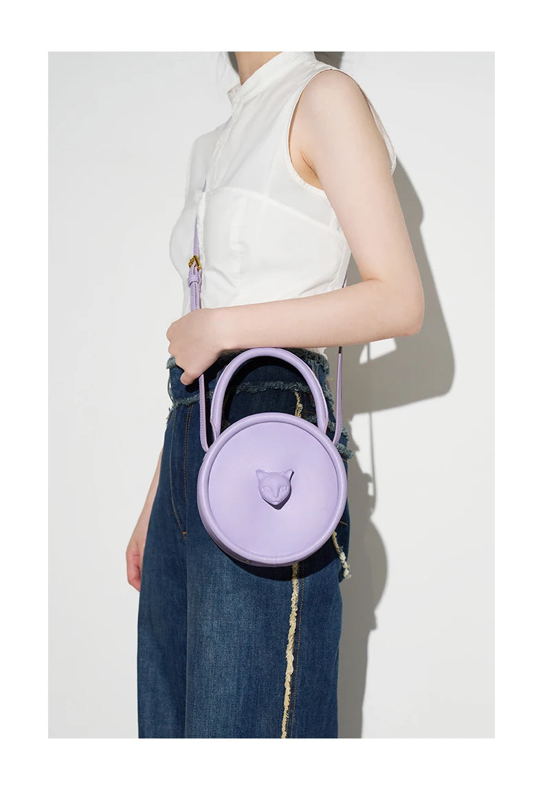 2025 NEW BOWLING STYLE HANDHELD CAT WOMEN'S BAG LUXURY BRAND ORIGINAL DESIGNER HANDBAG SHOULDER GENUINE LEATHER PURSE