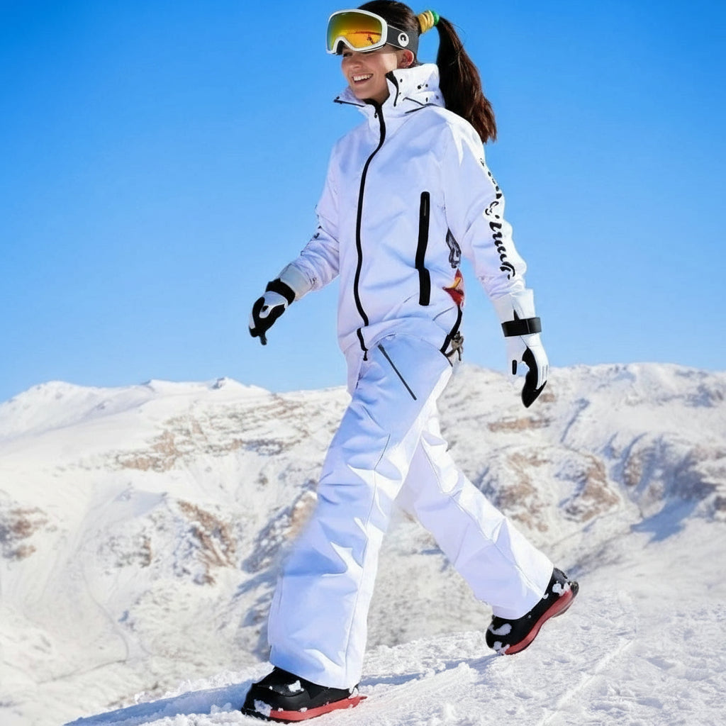 New Women's Waterproof Ski Suit Set Winter Sports Unisex White Clothes Fashion Print Snow Jacket Adjustable Shoulder Strap Pants