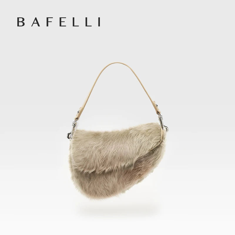 BAFELLI 2025 NEW WOMEN'S HANDBAG TREND GENUINE LEATHER FASHION STYLE WINTER SADDLE FUR BAGS LUXURY BRAND DESIGNER SHOULDER PURSE