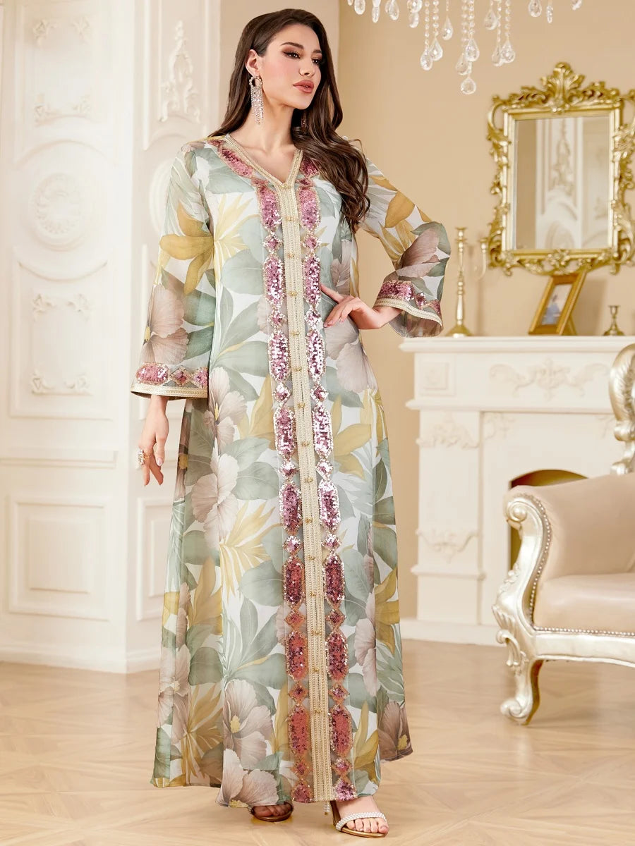 Siskakia Muslim Elegant Women Evening Dress Sequins Patchwork Abaya V-Neck Floral Print Kaftan