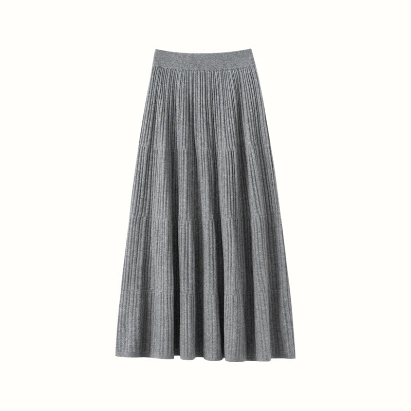 100% Cashmere Knitted Skirt Autumn Winter Women Elegant Tiered Pleats Slim A-line High Waisted Soild Office Lady Dress High-end