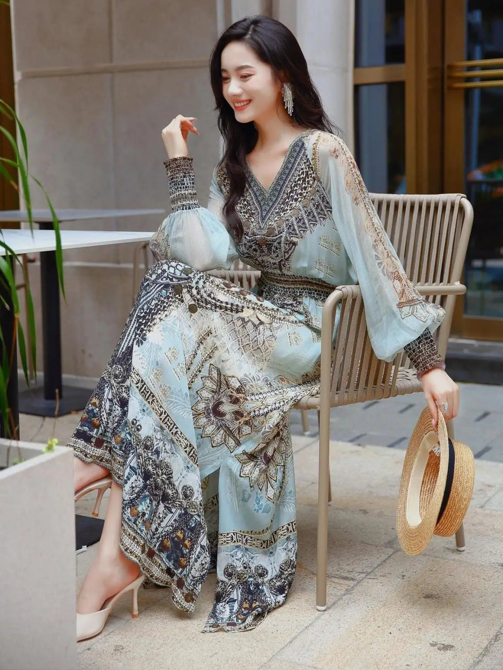 Spring Autumn New V-neck Long Sleeve Fashion Maxi Dress Women High Street Vintage Printing Dresses Elegant All-match Vestidos