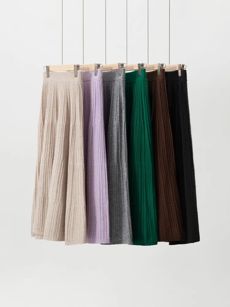 100% Cashmere Knitted Skirt Autumn Winter Women Elegant Tiered Pleats Slim A-line High Waisted Soild Office Lady Dress High-end
