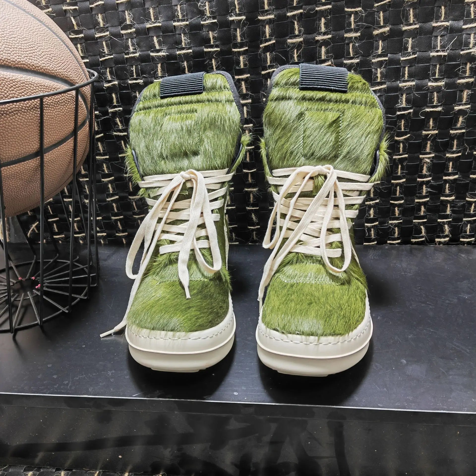 Men Boots For Women Green Horsehair Genuine Leather High Top Zip Lace Up Shoes Owens High Street Vintage Luxury Sneakers