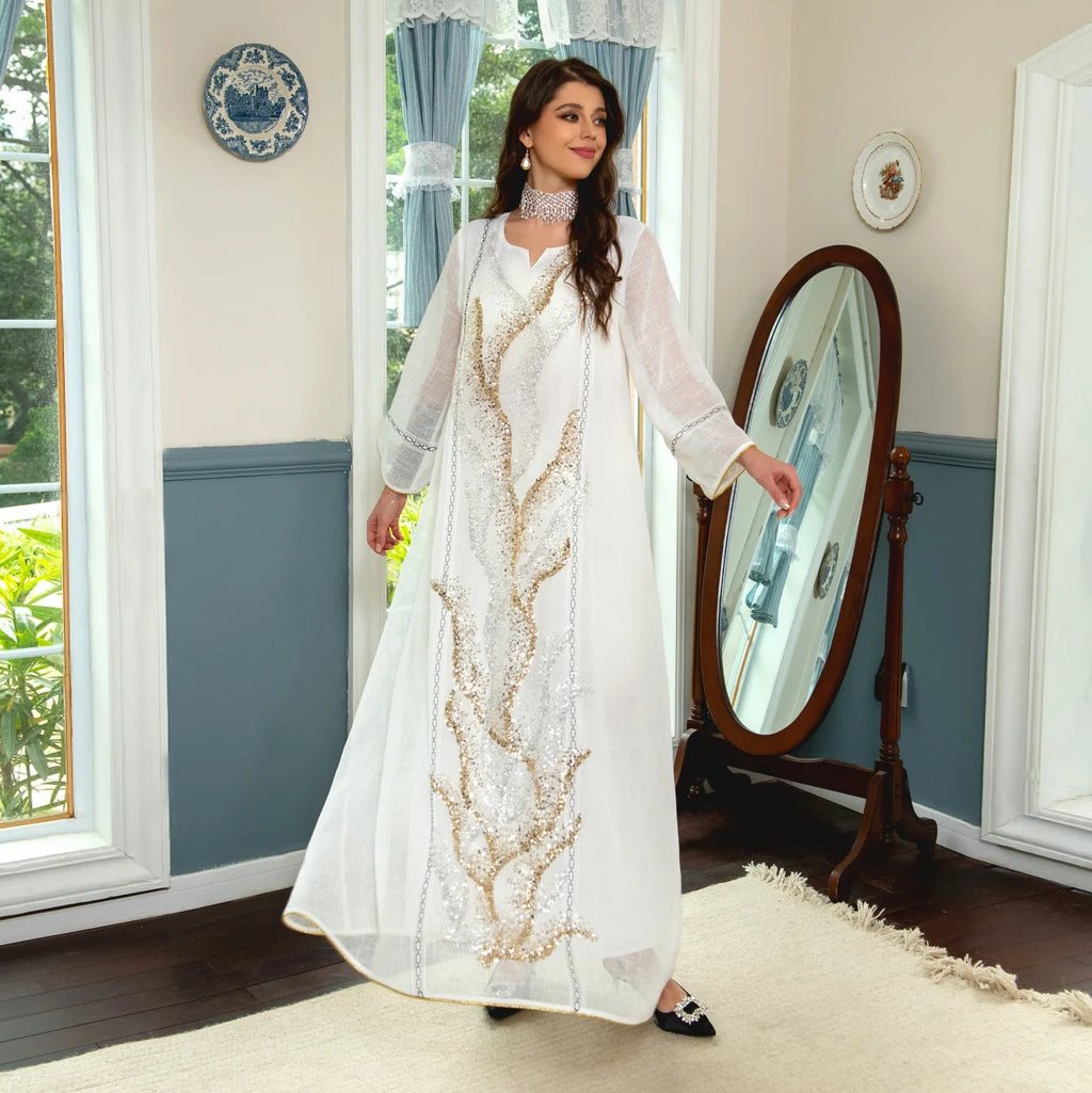 Middle East New White Mesh Bead Embroidery Muslim Dress Dubai Saudi Arabia Light Luxury Temperament Robe